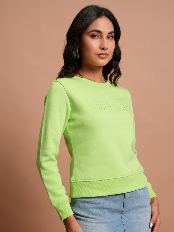 Tokyo Talkies Women Green Embroidered Pullover Round Neck Sweatshirts 