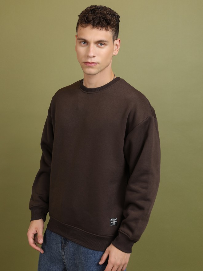 Highlander Men Coffee Brown Round Neck Oversized Fit Sweatshirt