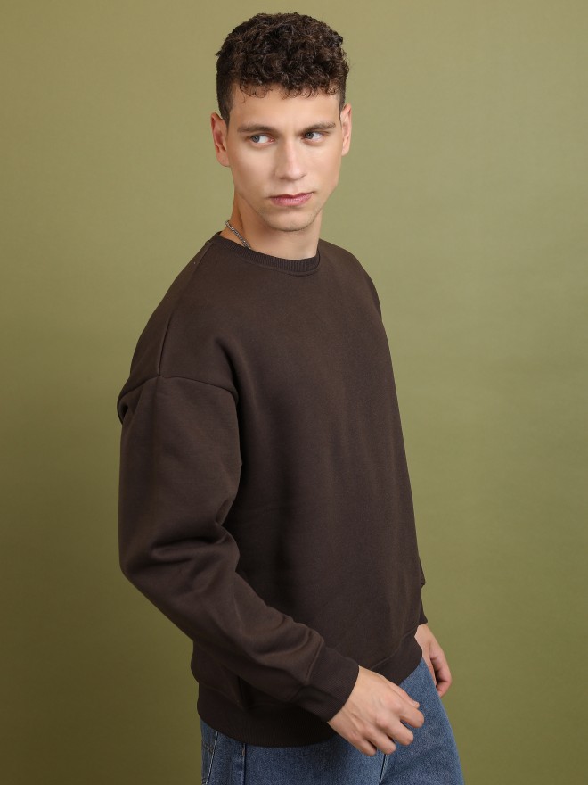 Highlander Men Coffee Brown Round Neck Oversized Fit Sweatshirt