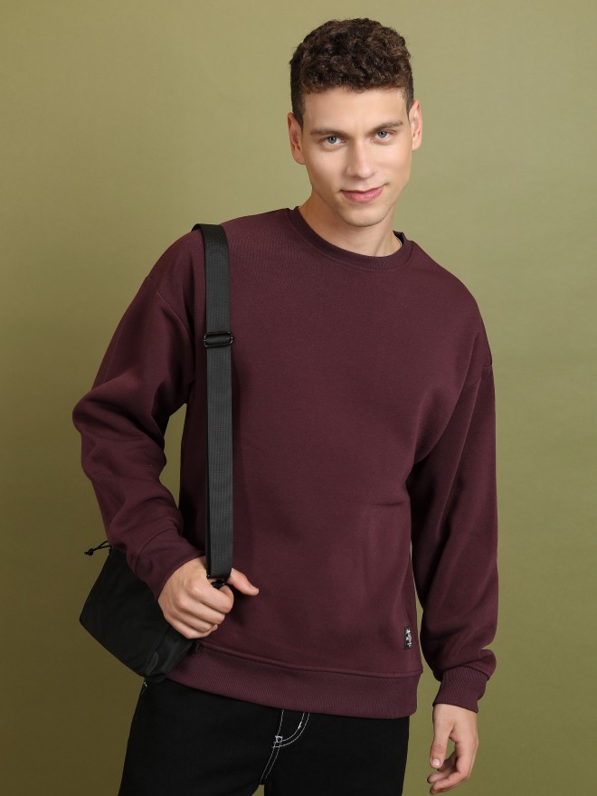 Highlander Men Burgundy Round Neck Pullover Sweatshirts 