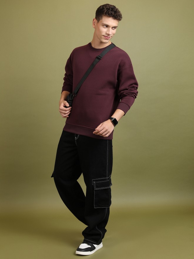 Highlander Men Burgundy Round Neck Pullover Sweatshirts 