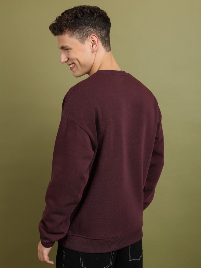 Highlander Men Burgundy Round Neck Pullover Sweatshirts 