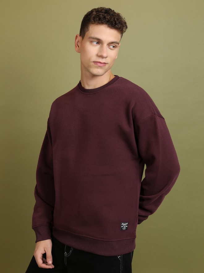 Highlander Men Burgundy Round Neck Pullover Sweatshirts 