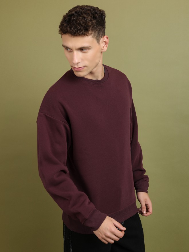 Highlander Men Burgundy Round Neck Pullover Sweatshirts 