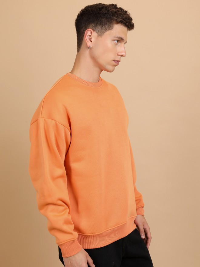 Men Orange Solid Crew Neck Sweatshirt