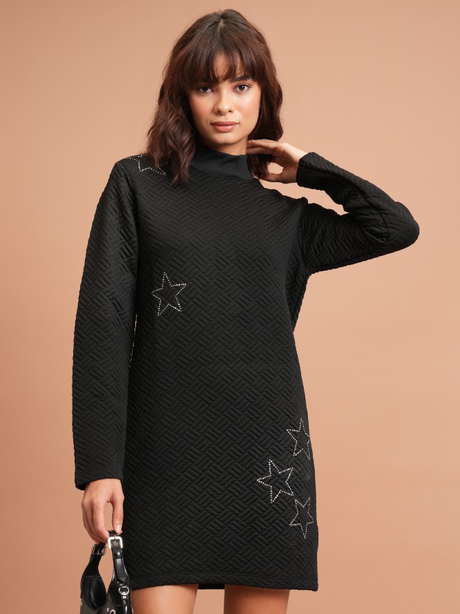 Buy Tokyo Talkies Black Self Design Sweater Dress for Women Online