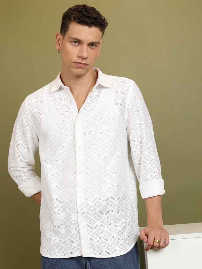 Highlander Men White Self Design Oversized Fit Casual Shirts 