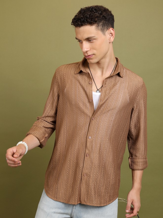 Highlander Men Beige Self Design Oversized Fit Casual Shirts 