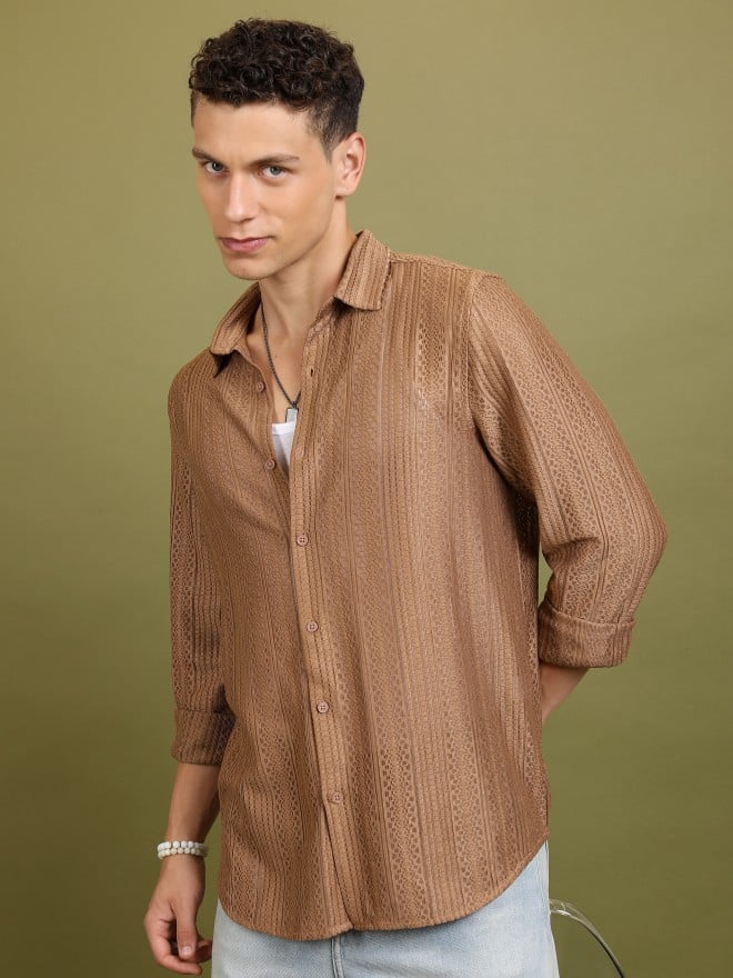 Highlander Men Beige Self Design Oversized Fit Casual Shirts 