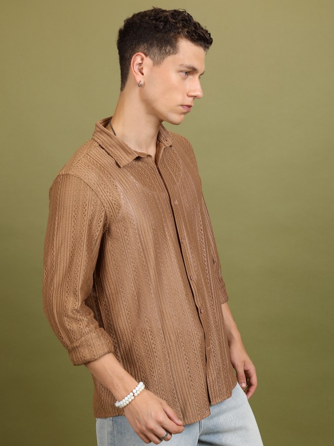 Highlander Men Beige Self Design Oversized Fit Casual Shirts 