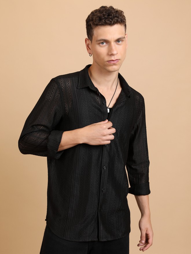 Highlander Men Black Self Design Oversized Fit Casual Shirts 