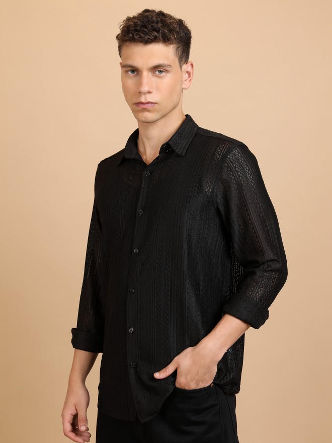 Buy Highlander Black Self Design Oversized Fit Casual Shirt for Men ...