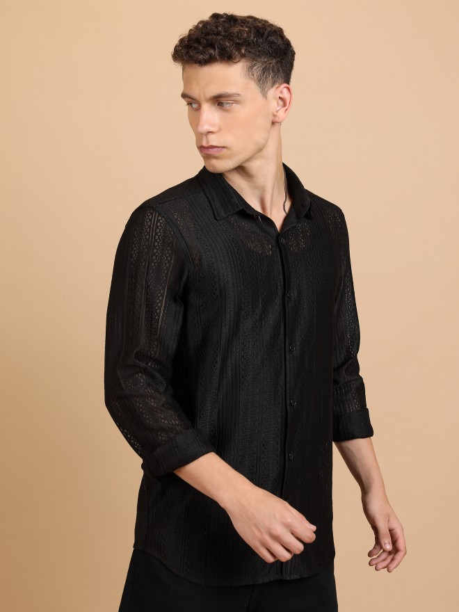 Highlander Men Black Self Design Oversized Fit Casual Shirts 