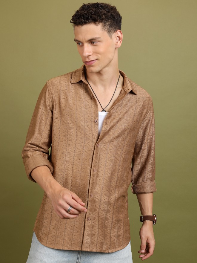 Highlander Men Beige Self Design Oversized Fit Casual Shirts 