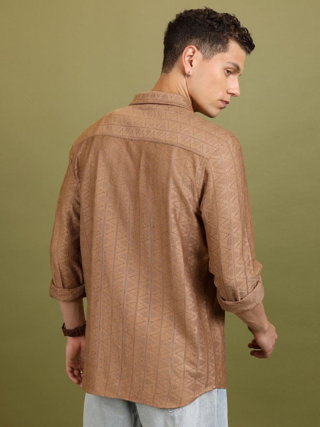 Highlander Men Beige Self Design Oversized Fit Casual Shirts 