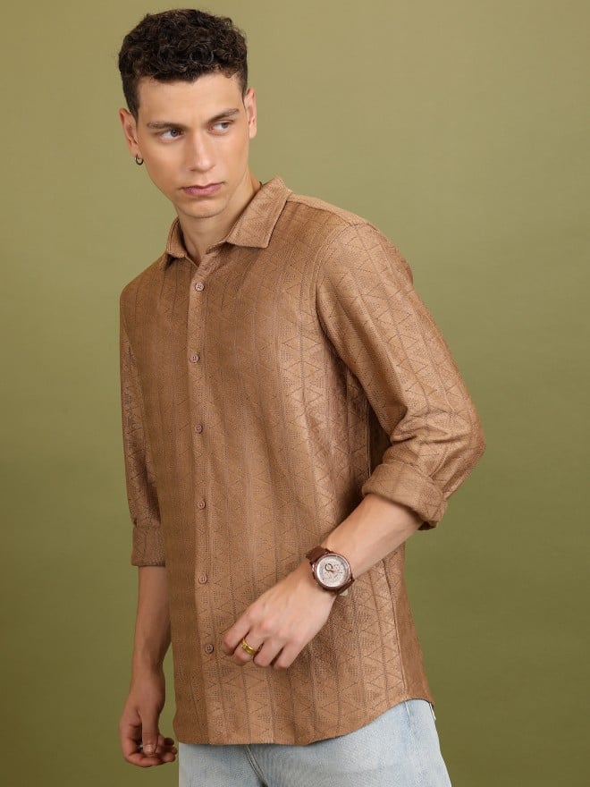 Highlander Men Beige Self Design Oversized Fit Casual Shirts 