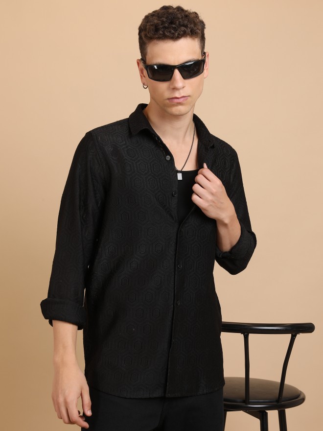 Highlander Men Black Self Design Oversized Fit Casual Shirts 