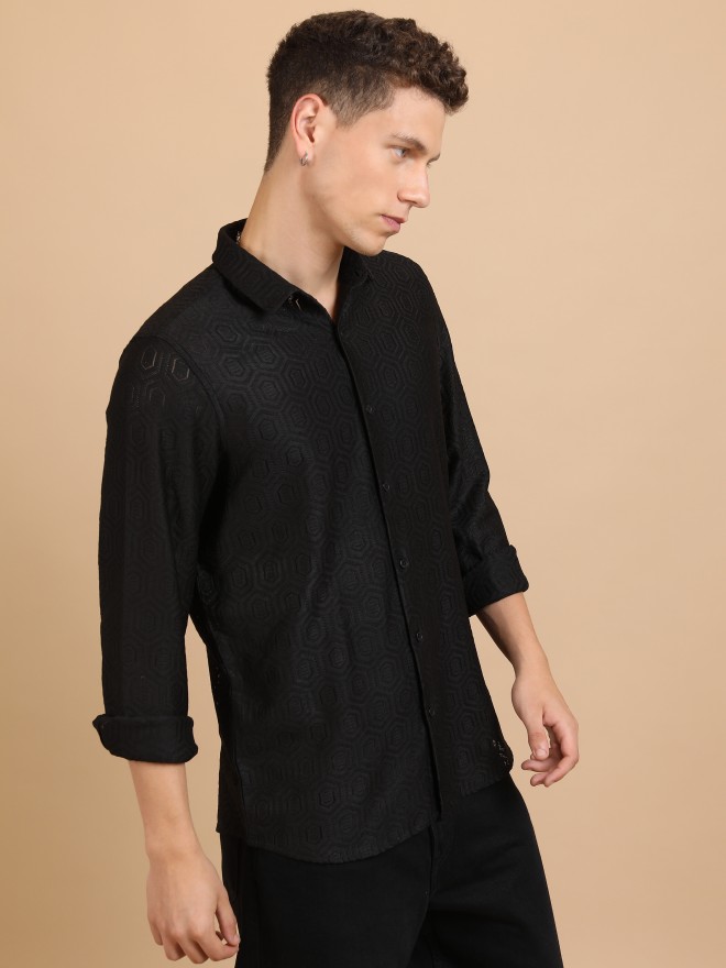 Highlander Men Black Self Design Oversized Fit Casual Shirts 