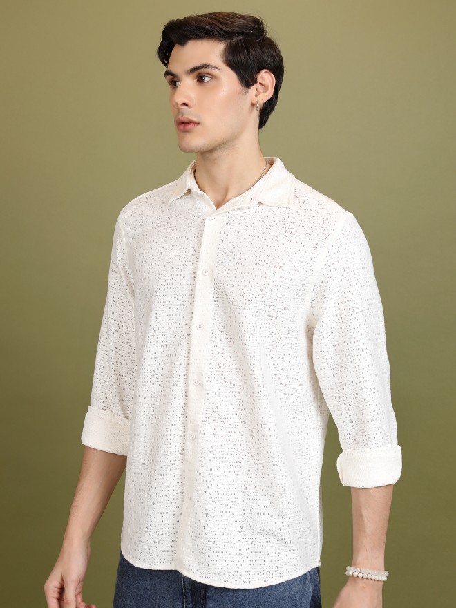 Highlander Men White Self Design Oversized Fit Casual Shirts 