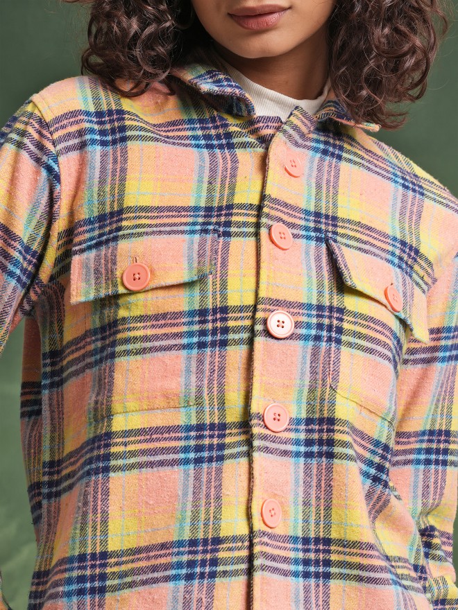 Tokyo Talkies Women Peach Checked Casual Shirts 