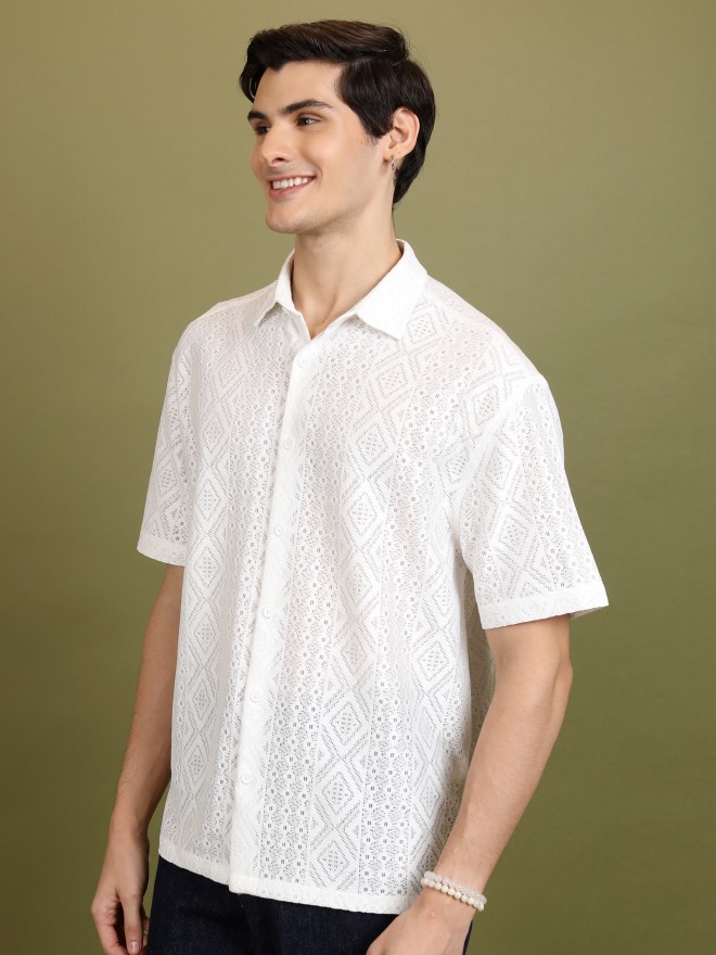 Buy Highlander White Self Design Oversized Fit Casual Shirt for Men ...