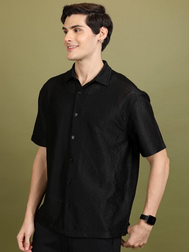 Highlander Men Black Self Design Oversized Fit Casual Shirts 