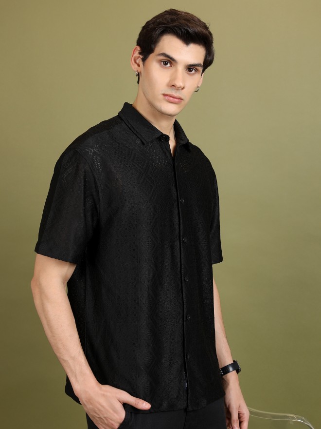 Highlander Men Black Self Design Oversized Fit Casual Shirts 