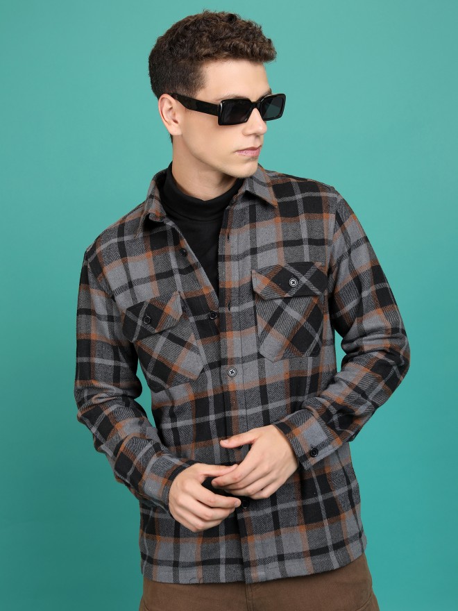 Highlander Men Grey Checked Open Front  Jackets 