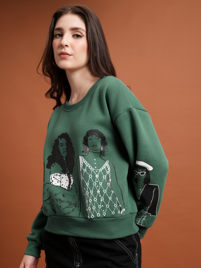 Tokyo Talkies Women Green Printed Pullover Round Neck Sweatshirts 