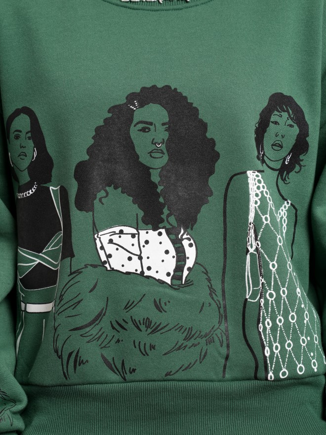 Tokyo Talkies Women Green Printed Pullover Round Neck Sweatshirts 