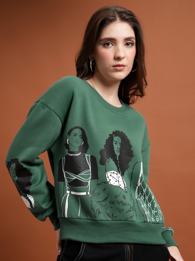 Tokyo Talkies Women Green Printed Pullover Round Neck Sweatshirts 