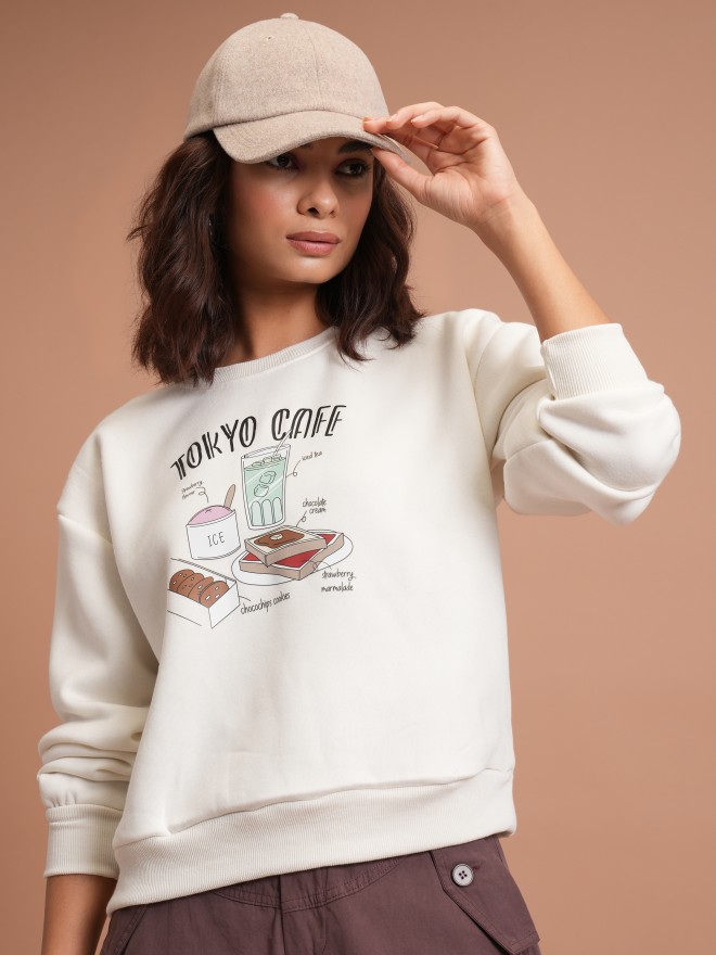 Tokyo Talkies Women White Printed Pullover Round Neck Sweatshirts 