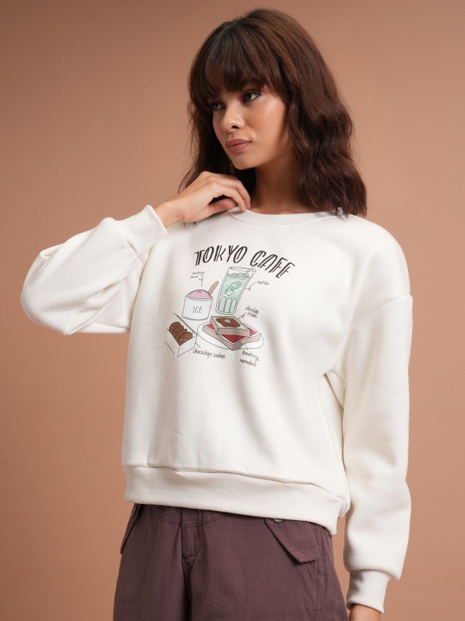 Tokyo Talkies Women White Printed Pullover Round Neck Sweatshirts 