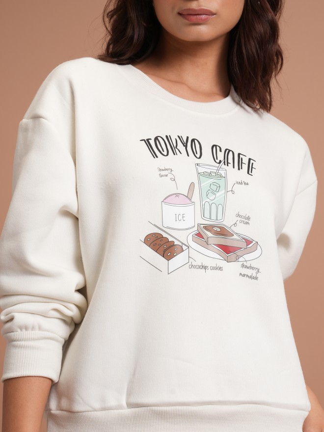 Tokyo Talkies Women White Printed Pullover Round Neck Sweatshirts 