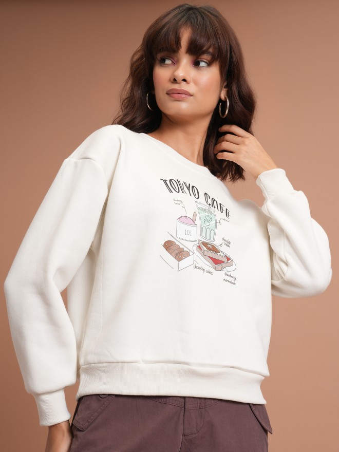 Tokyo Talkies Women White Printed Pullover Round Neck Sweatshirts 