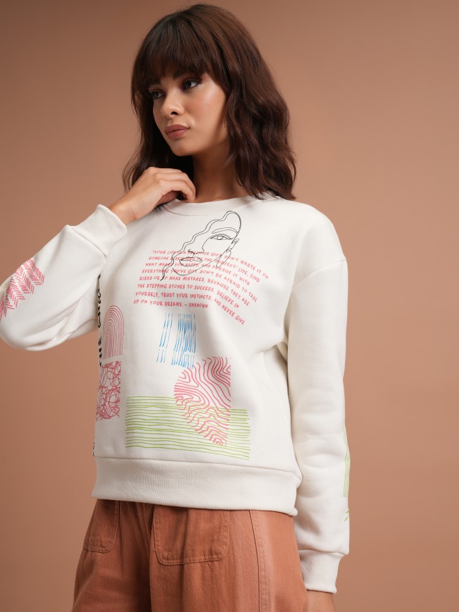 Tokyo Talkies Women White Printed Pullover Round Neck Sweatshirts 