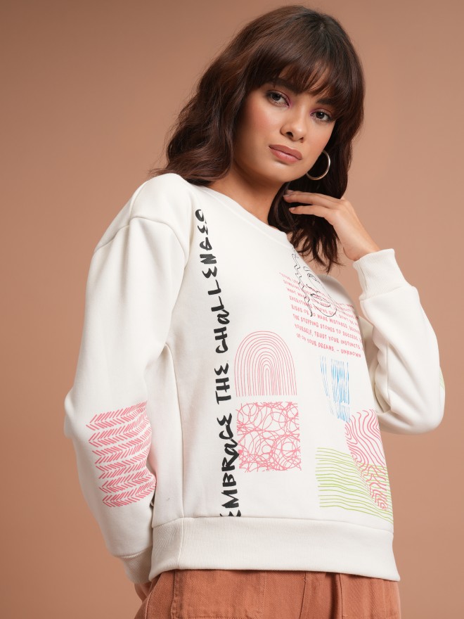 Tokyo Talkies Women White Printed Pullover Round Neck Sweatshirts 