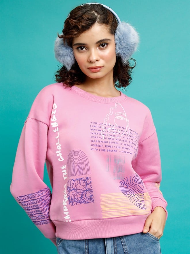 Tokyo Talkies Women Pink Printed Pullover Round Neck Sweatshirts 