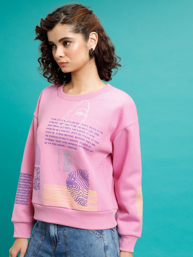 Tokyo Talkies Women Pink Printed Pullover Round Neck Sweatshirts 