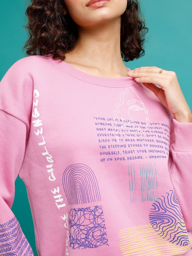 Tokyo Talkies Women Pink Printed Pullover Round Neck Sweatshirts 