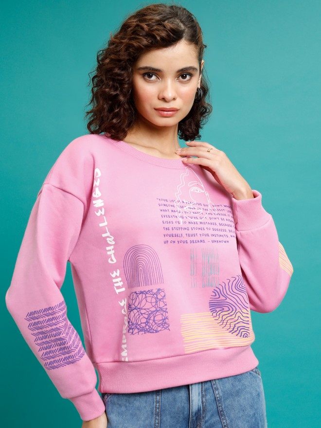 Tokyo Talkies Women Pink Printed Pullover Round Neck Sweatshirts 