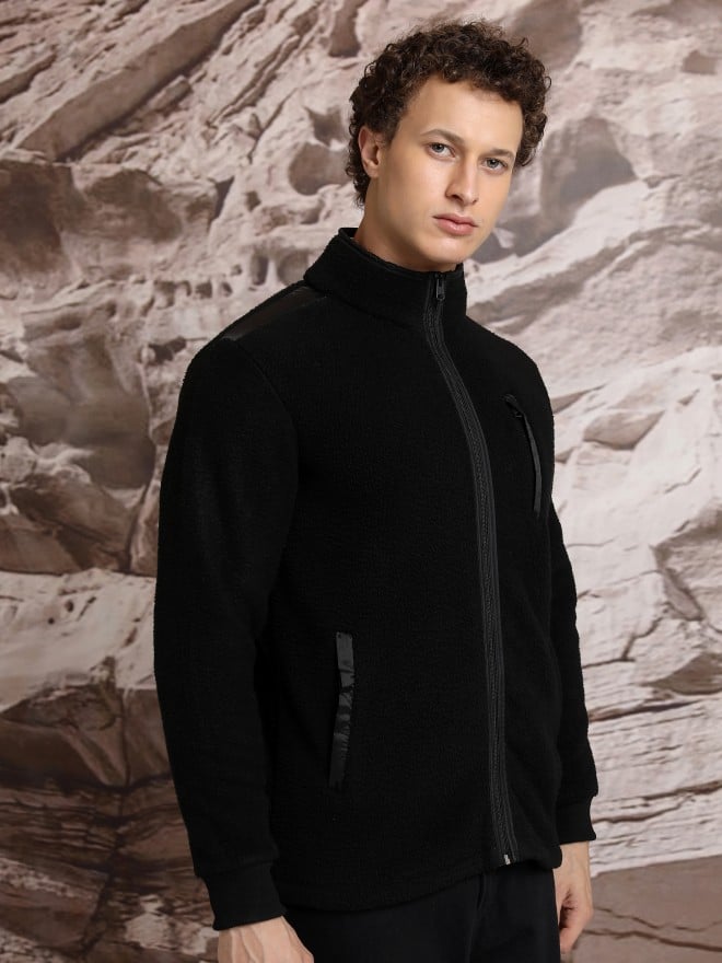 Highlander Men Black High Neck Front-Open Sweatshirts 