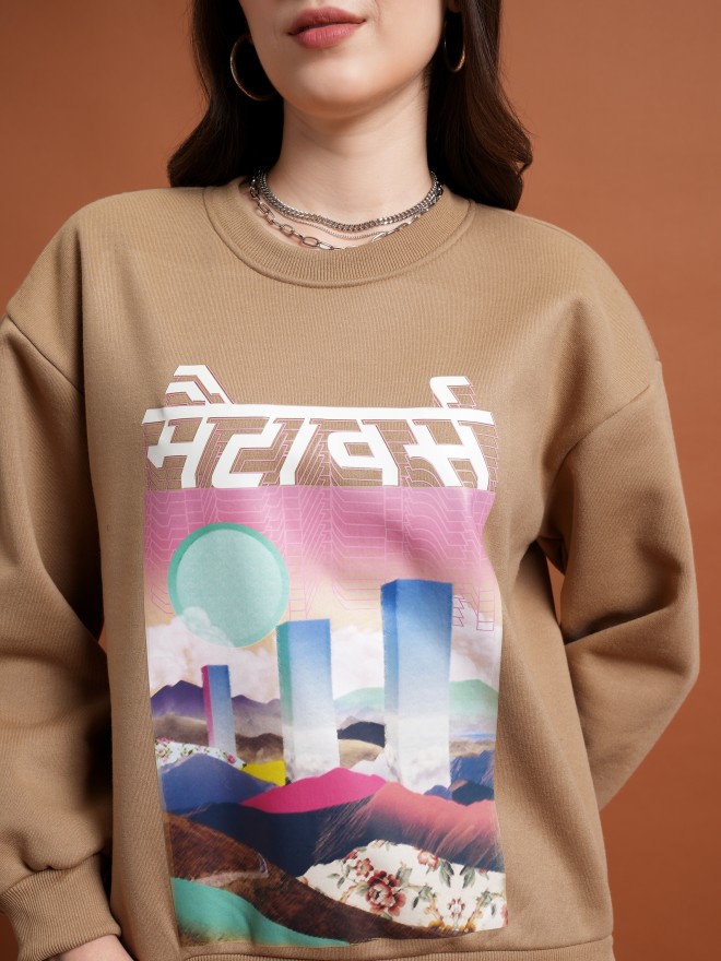 Tokyo Talkies Brown Printed Pullover Round Neck Sweatshirts