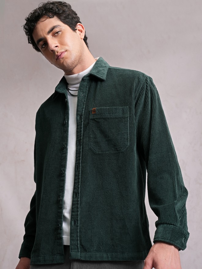 Locomotive Men Green Self Design Oversized Fit Casual Shirts 