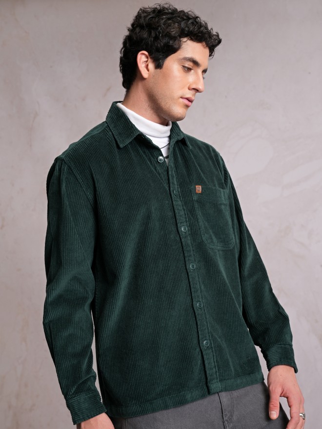 Locomotive Men Green Self Design Oversized Fit Casual Shirts 