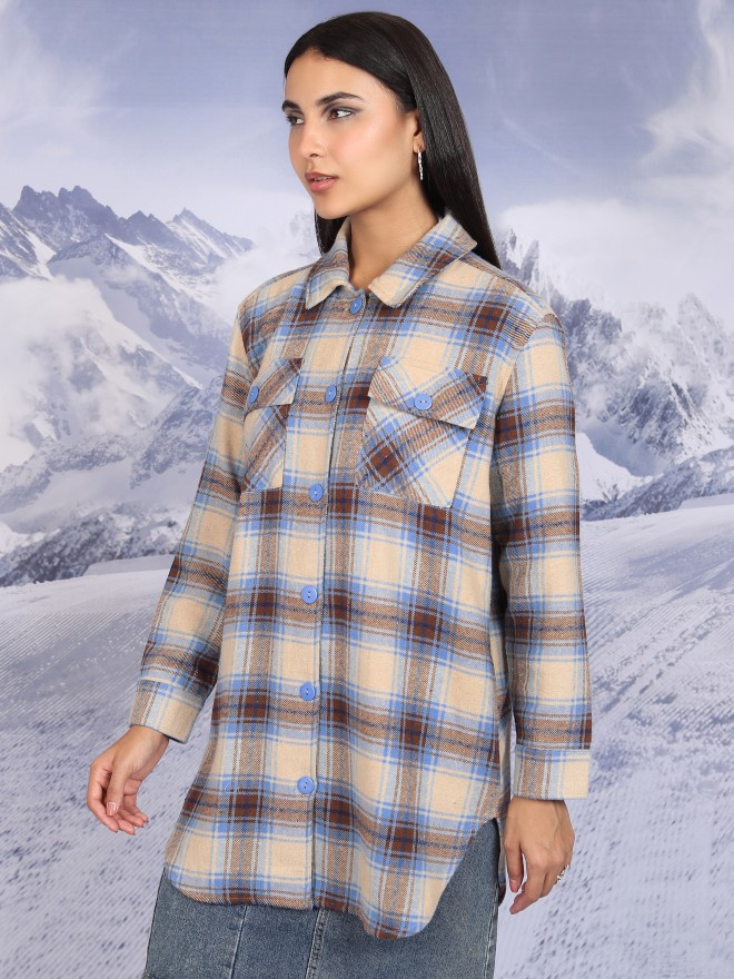 Tokyo Talkies Women Beige Checked Casual Shirts 