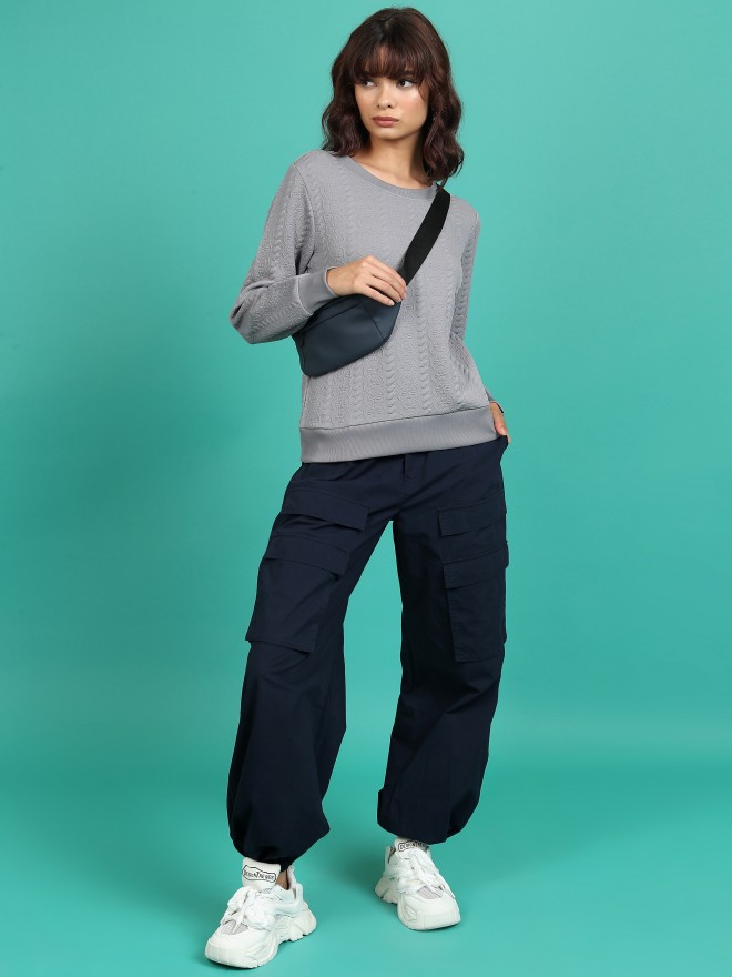 Tokyo Talkies Women Grey Solid Pullover Round Neck Sweatshirts 