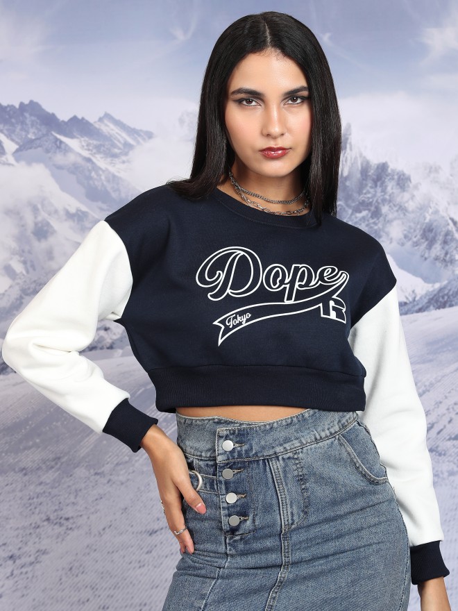 Tokyo Talkies Women Navy Blue Printed Pullover Round Neck Sweatshirts 