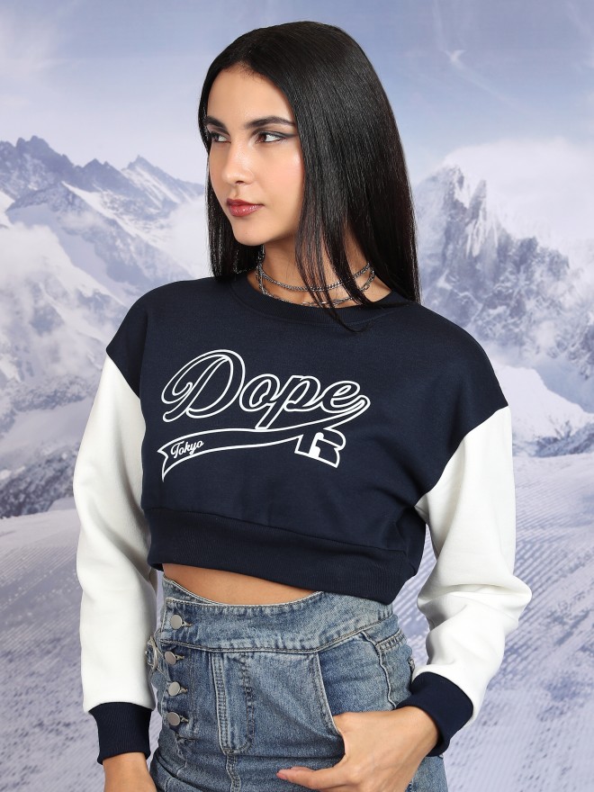 Tokyo Talkies Women Navy Blue Printed Pullover Round Neck Sweatshirts 