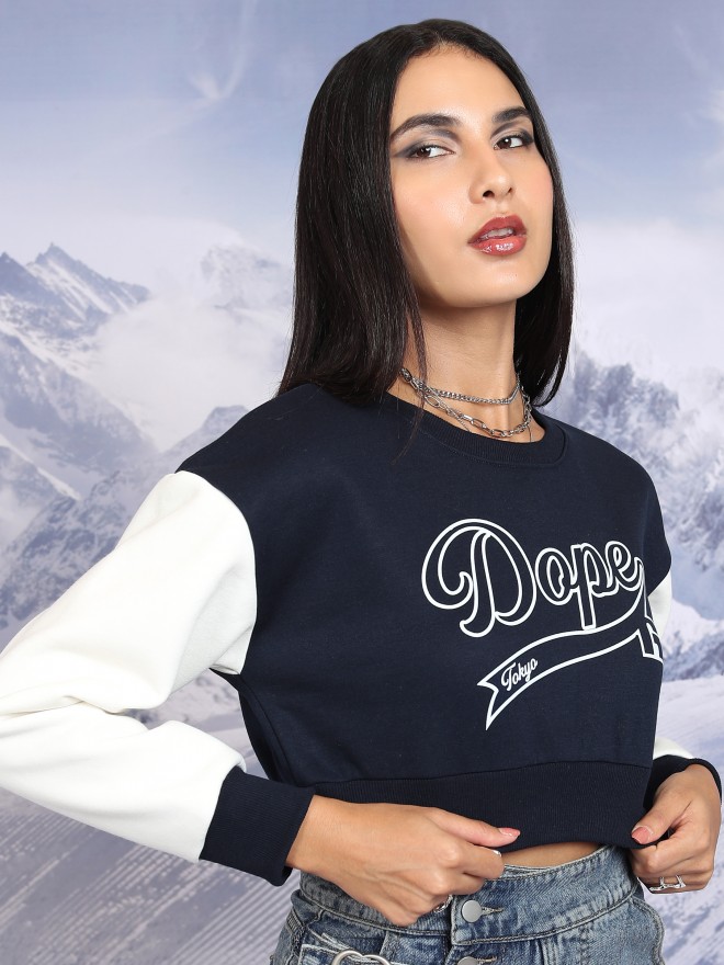 Tokyo Talkies Women Navy Blue Printed Pullover Round Neck Sweatshirts 